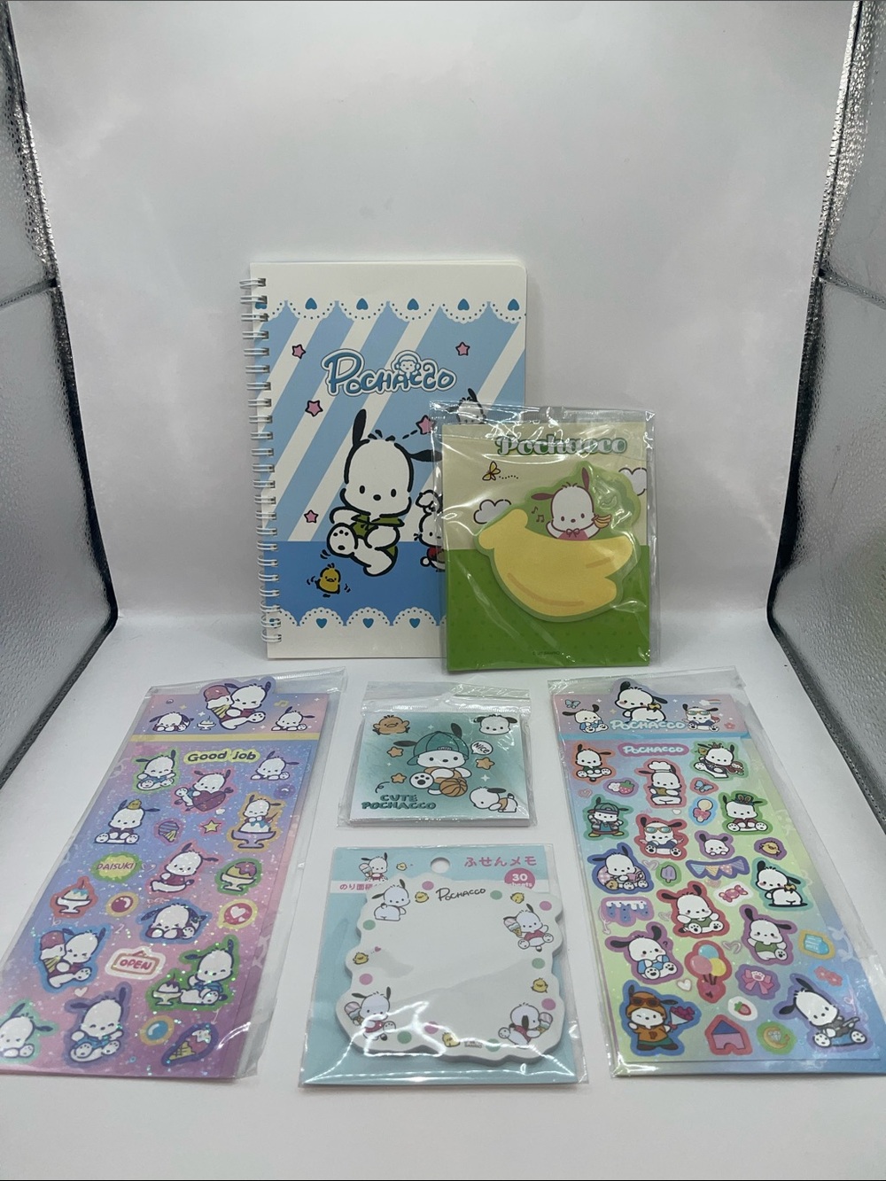 Pochacco Blue Spiral Notebook & Sticker Set - White, Blue, Green, Yellow